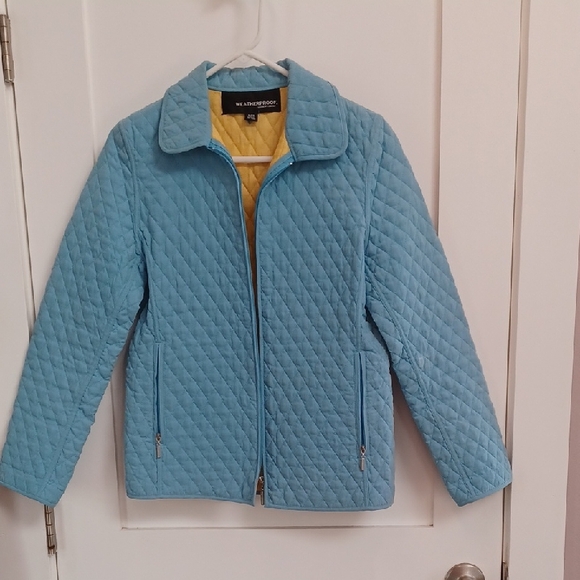 weatherproof garment company Jackets & Blazers - Blue Quilted Soft Shell Zipper Coat Jacket Diamond Design Yellow Liner Weathrprf